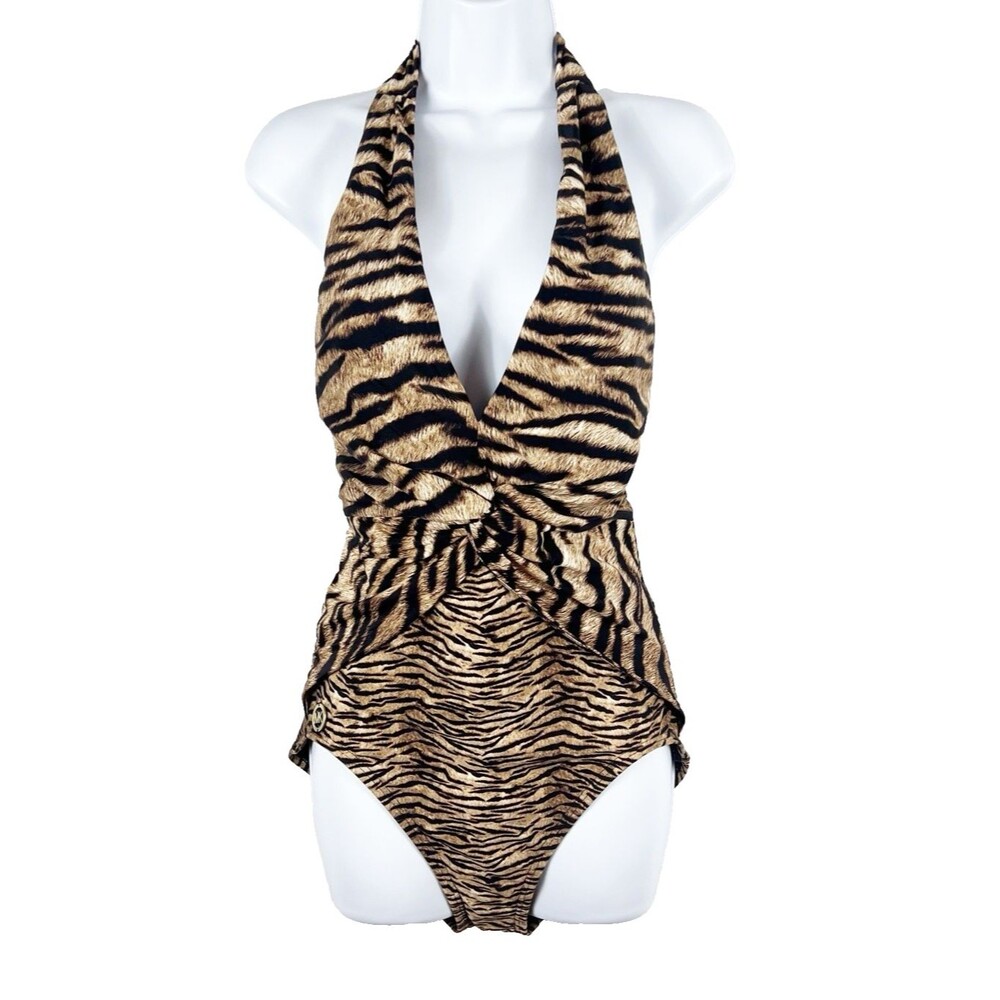 Michael Michael Kors Size 12 Animal Print Halter Ruched One Piece Swimsuit Logo